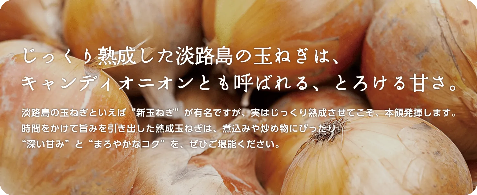 じっくり熟成した淡路島の玉ねぎは、キャンディオニオンとも呼ばれる、とろける甘さ。